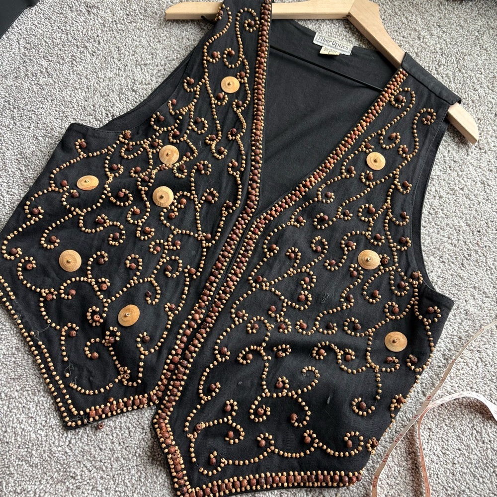 Vintage Fiber Optics Beaded Wooden Button Vest | 90s Boho Festival | L